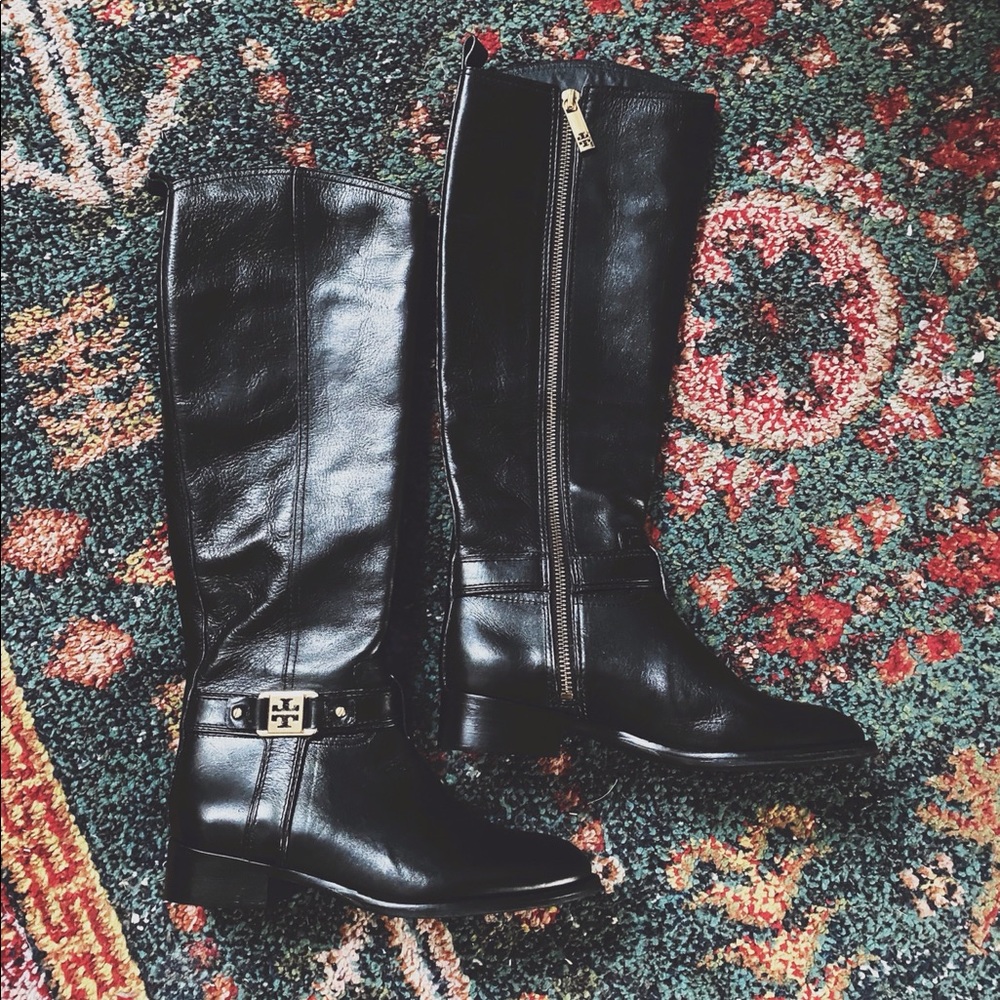 Black Leather Tory Burch Women Knee High Boot